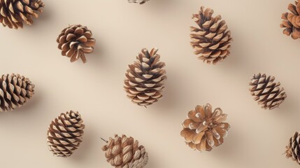 Pine cones pattern on beige background. Flat lay, top view minimal christmas concept.