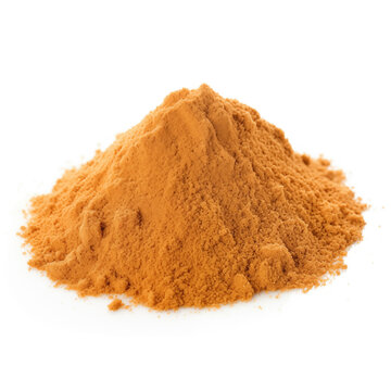 close up pile of finely dry organic fresh raw pumpkin powder isolated on white background. bright colored heaps of herbal, spice or seasoning recipes clipping path. selective focus