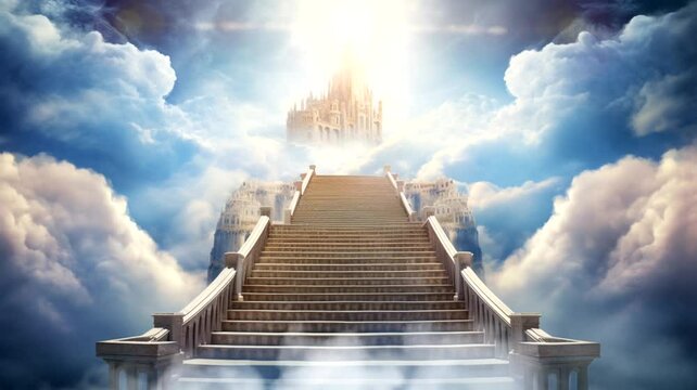 Scene of the stairs to heaven with a cloudy background, animated virtual repeating seamless 4k	
