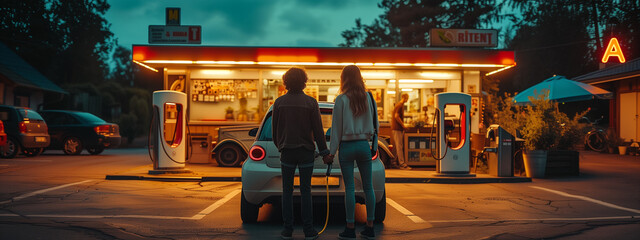 a couple with an electric car while filling up gas, in the style of dark green and pink, normcore, back button focus, grandparentcore, handheld, precise detailing, site-specific - obrazy, fototapety, plakaty