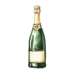 AI-generated watercolor Green Champagne Bottle  Clip Art Illustration. Isolated elements on a white background.