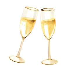 AI-generated watercolor Champagne glasses clip art illustration. Isolated elements on a white background.	