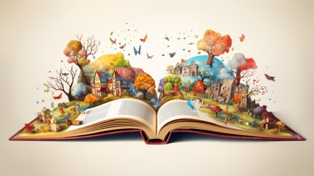An open book with colorful illustrations for children