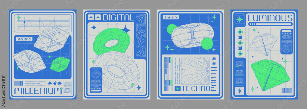Poster poster design layout with trendy retro wireframe shape in y2k aesthetic. banners set with abstract g