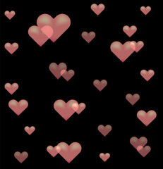 Black background with pink translucent hearts. Illustration on a black background. Printing on fabric. Postcard with space for an inscription. .Vector.