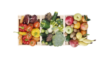 Fresh tasty fruits and vegetables in wooden crates