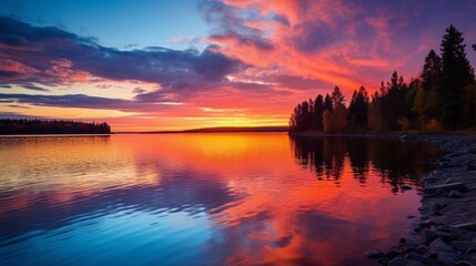 Obraz premium Colorful sunset over a serene lake, vacation paradise