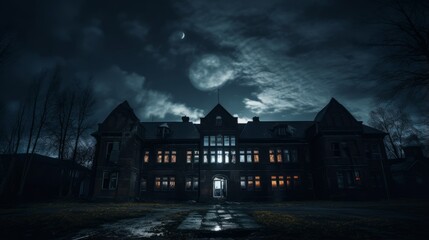 Creepy abandoned school with broken windows and moonlit skies