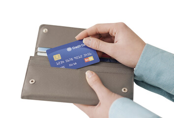 Woman taking a credit card out of her wallet