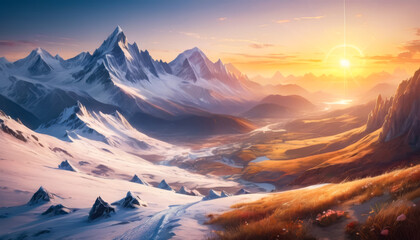 The setting sun casts golden light over a snowy, wind-swept mountain valley, ai generated. - Powered by Adobe