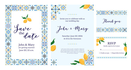 Save the date designs with ceramic tiles pattern and sicilian lemons with leaves. Invitation template with patchwork border. RVSP card with ornate. Vector illustration.