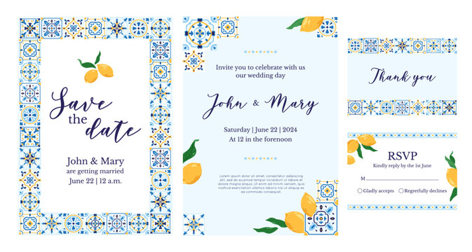 Save the date designs with ceramic tiles pattern and sicilian lemons with leaves. Invitation template with patchwork border. RVSP card with ornate. Vector illustration.