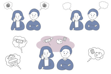 悩んでいる高齢の男女のイラスト3点セット