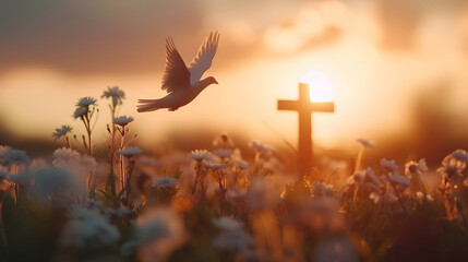 Winged Dove flying in front of the cross at sunset. Christian concept - obrazy, fototapety, plakaty