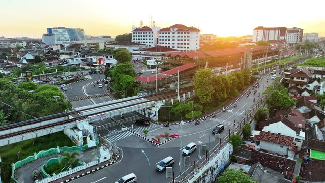 Yogyakarta, Indonesia - January 11th 2023 - Aerial View of Vehicle Traffic in Downtown Yogyakarta Near Malioboro Street, Indonesia