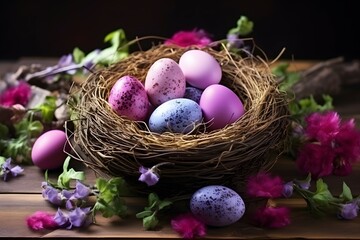 Fototapeta na wymiar A nest adorned with colorful Easter eggs painted in soft pastel color, surrounded by blossoming flowers on a dark wooden surface