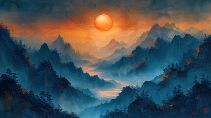  painting of sunrise in mountains and rivers