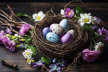 Obraz na płótnie Canvas A nest adorned with colorful Easter eggs painted in soft pastel color, surrounded by blossoming flowers on a dark wooden surface