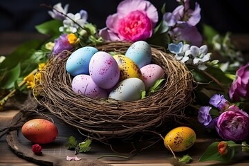 A nest adorned with colorful Easter eggs painted in soft pastel color, surrounded by blossoming flowers on a dark wooden surface