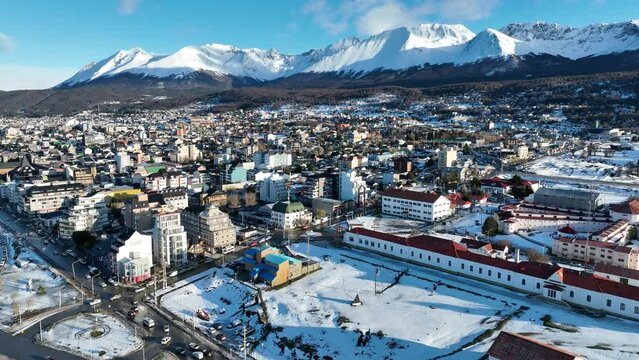 Patagonia Town At Ushuaia Fin Del Mundo Argentina. Public Space Ushuaia Fin Del Mundo. Snowflakes Lake Glacial Landscape Snowcapped. Snowflakes Forest Trees Glacial Landscape Lagoon Nature.