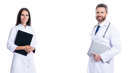 medicine and healthcare. doctor at hospital. two doctor hold medical prescription. doctor and nurse with clipboard isolated on white. professional physician with internist. Prescription refill - obrazy, fototapety, plakaty