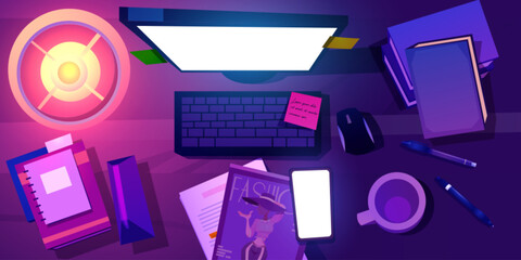 Messy table with computer and stationery top view in evening. Cartoon vector desk with books and notepads, fashion magazine and mobile phone in light of lamp at night. Workplace for business or study.