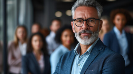Middle aged man with grey hair, leadership concept. Group of managers blurred in background. - obrazy, fototapety, plakaty