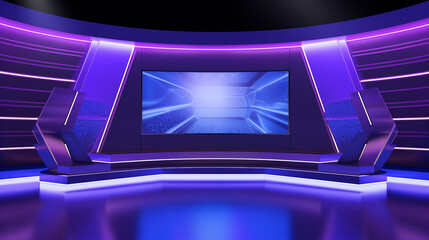 3D rendering background is perfect for any type of blue neon background with podium. News studio backgdrop TV - obrazy, fototapety, plakaty