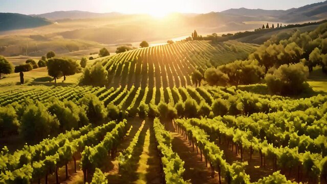 the sunlight illuminating a vineyard in the hills with factual and descriptive language, A rustic Tuscan vineyard under the afternoon sun, AI Generated
