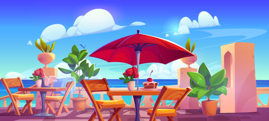 Obraz premium Summer outside cafe on terrace on sea or ocean beach. Cartoon seaside restaurant on patio with roses in vase and cake on table, chairs with plaid, umbrella and plants. Cafeteria on shore balcony.
