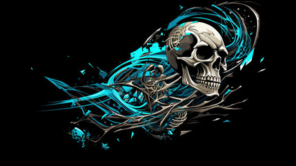 Isolated image of skeleton on the theme of chaos in dark black and light blue colors for T-shirt design. Generative AI