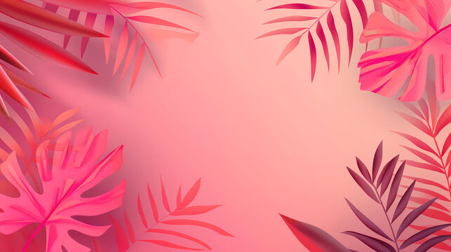Tropical ferns and palm fronds, in magenta colorway; background image with room for text