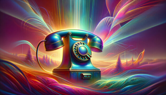 Vibrant telex with surreal landscape and dynamic lighting.