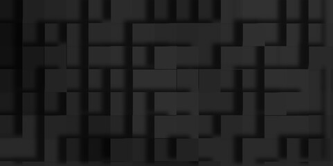 Modern abstract luxury black background with Realistic wall of cubes, Abstract technology and business concept data technology, Random scaled black cube boxes block background of black surface.