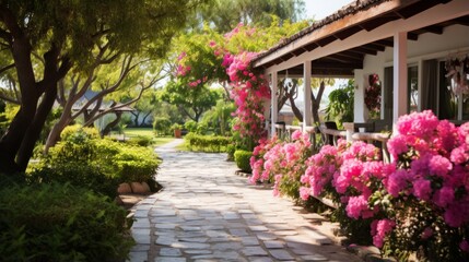 Fototapeta na wymiar Serene garden pension with blooming flowers and serene walkways