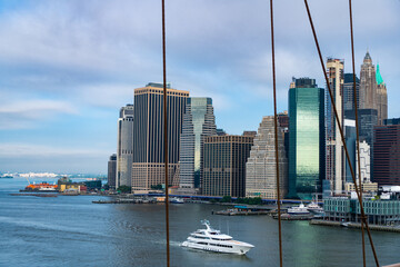Cityscape skyline building architecture. City architectural cityscape with harbor. New York city...