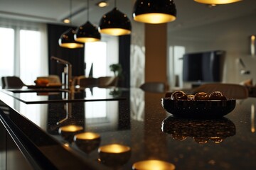 Zoom in on a sleek, black granite table within a contemporary kitchen, the polished surface reflecting the warm glow of hanging pendant lights