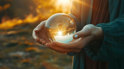 Woman holding a beautiful crystal ball in her hands. Close up - obrazy, fototapety, plakaty