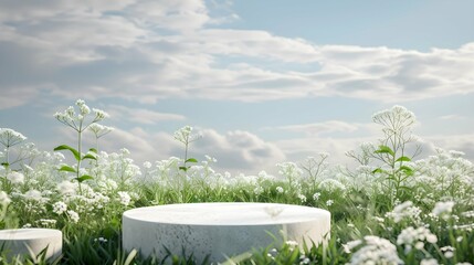 Fototapeta na wymiar White stone podium on green meadow with grass and flowers ready for product placement, freshness and natural product concept