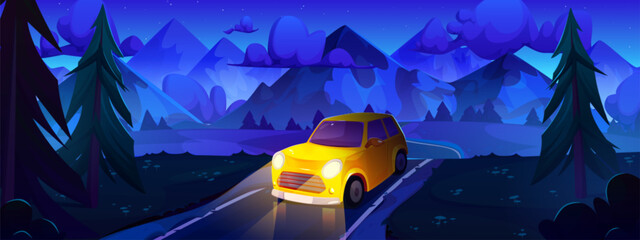 Yellow car driving night road in mountain valley. Vector cartoon illustration of auto with headlights on riding winding highway, dark fir tree forest, rocky peaks in fluffy clouds under starry sky