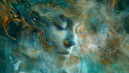 A surrealistic dreamlike illustration of a woman in blue and orange colors. Room for copy.