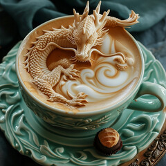 Foto eines Drachen, der von chinesischem Porzellan inspiriert ist, Tasse grün mit Kaffee und als deko ein Drache, Photo of a dragon inspired by Chinese porcelain, cup green with coffee and as decorati