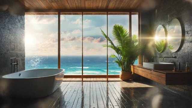Sunny tropical bathroom overlooking the ocean. Seamless looping 4K video animation background.