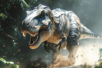 Tyrannosaurus rex is roaring and kicking up dust and debris in prehistoric jungle