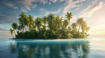 Isolated tropical island with palm trees and crystal clear water.