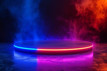 Modern round empty platform podium stand for product presentation scene with glowing neon lighting and steam smoke. Front view. Futuristic empty stage mockup