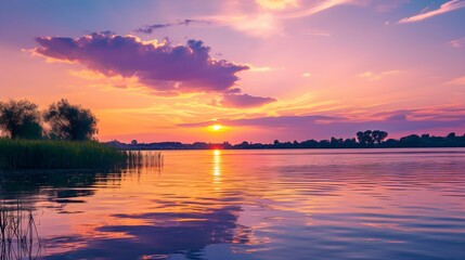 Obraz premium Sunset over the river. Relaxing background.