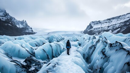 Spectacular glacier hike with ice formations and mountain backdrops - obrazy, fototapety, plakaty