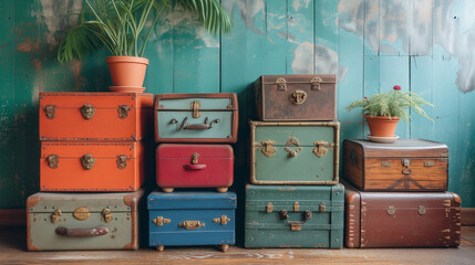 Vintage retro style luggage suit cases sitting against a wooden wall.