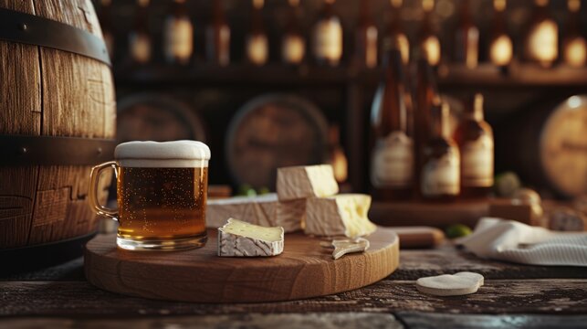 international beer day concept. beer in glass, keg and cheese. copy space for text